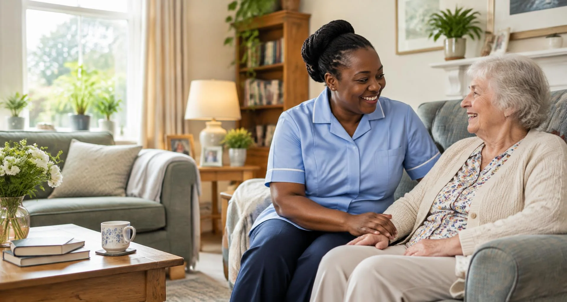Carer sharing a warm conversation with an older woman in her living room.