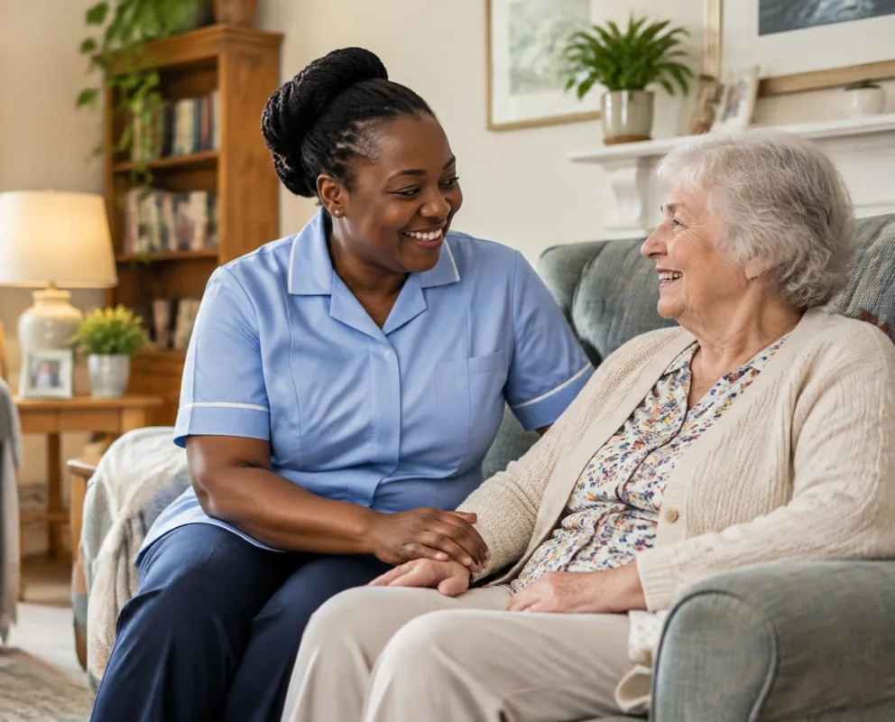 Carer sharing a warm conversation with an older woman in her living room.