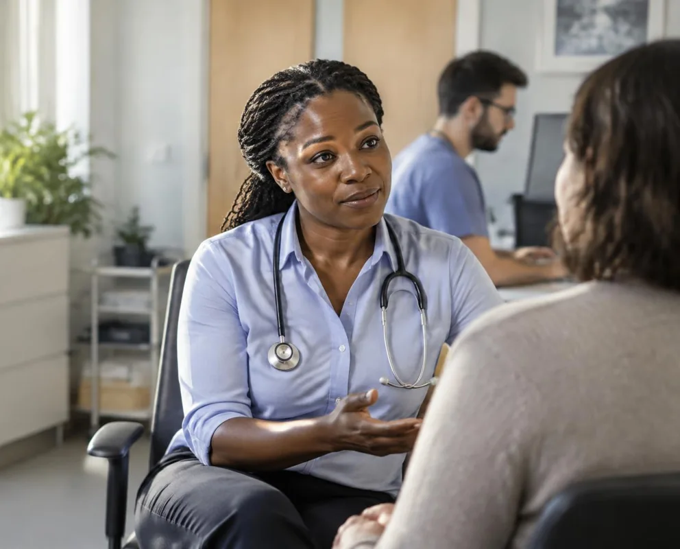 GP consulting with a patient in a modern consultation room, with a colleague at a workstation.