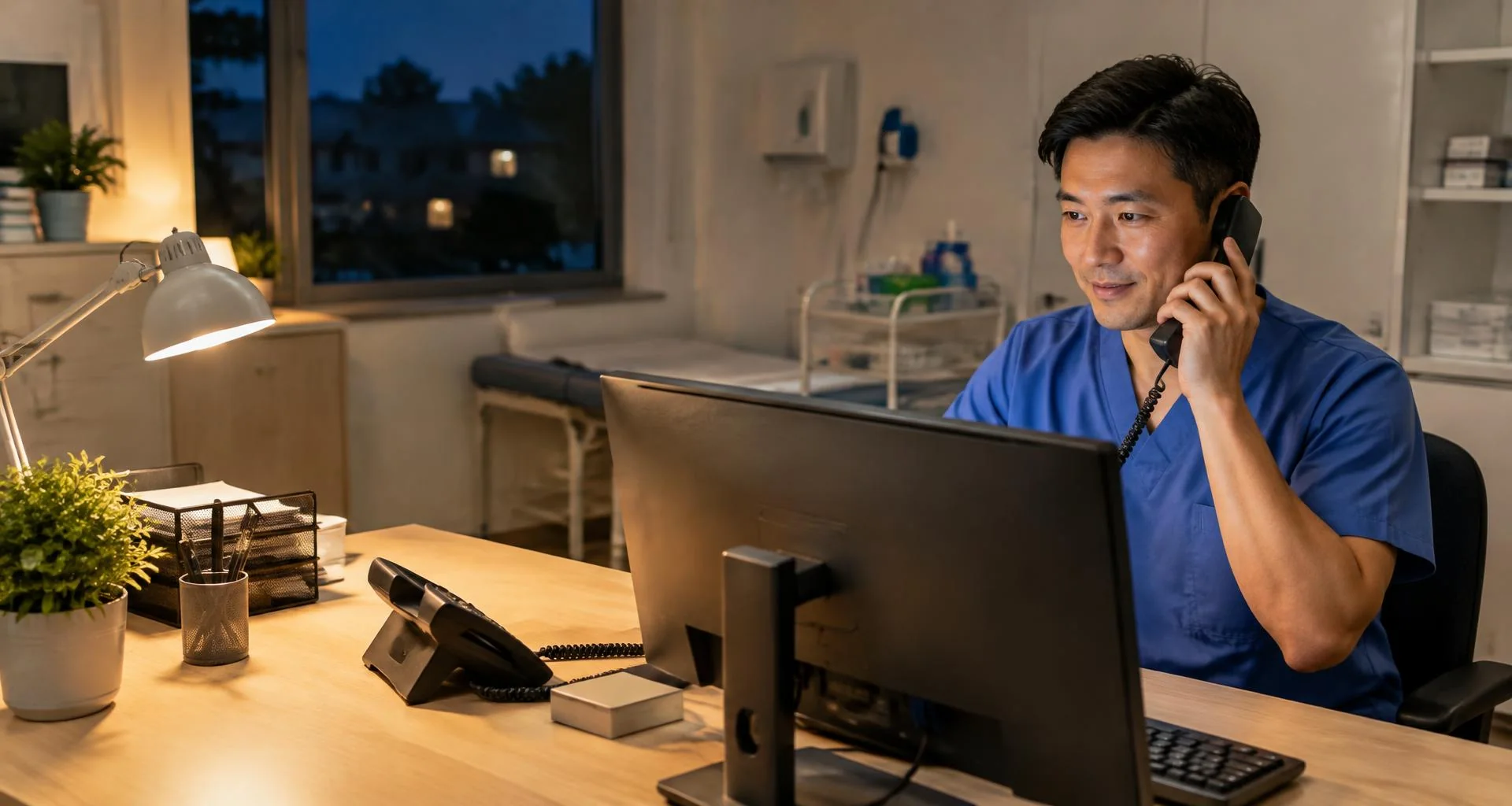 Clinician speaking on the telephone at a clinical resource centre desk at night.