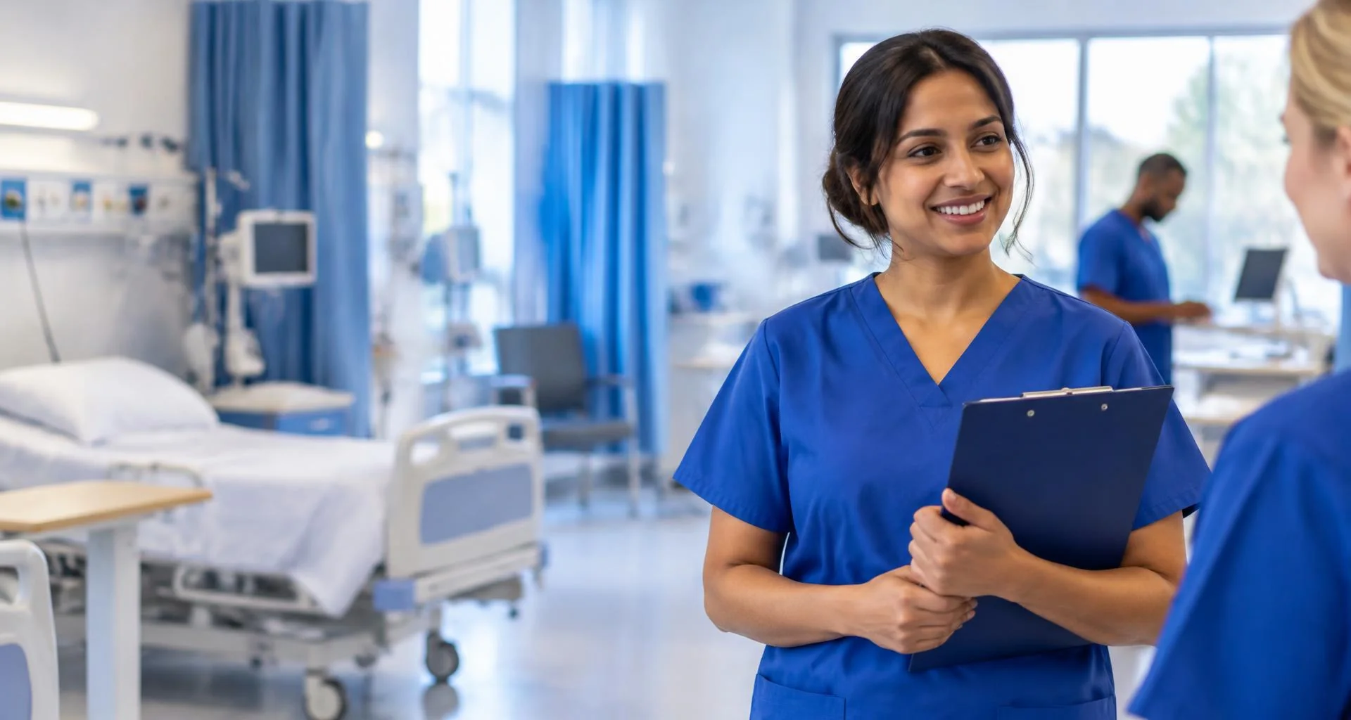 Advanced nurse practitioner in blue scrubs talking with a colleague on a hospital ward.