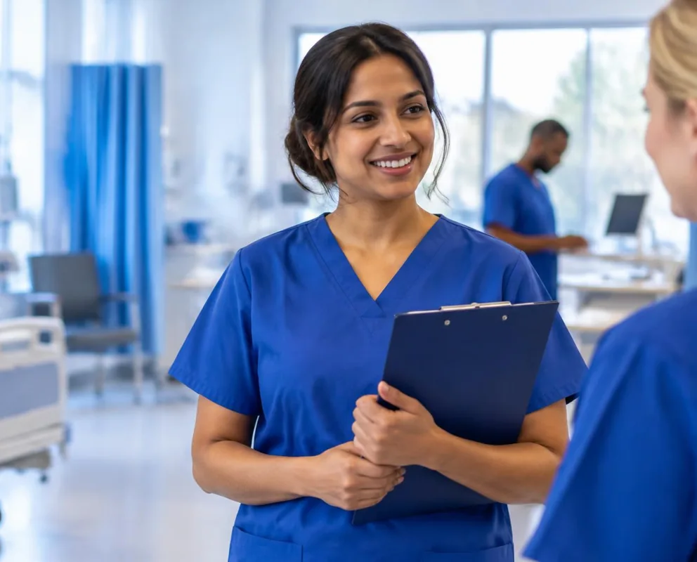 Advanced nurse practitioner in blue scrubs talking with a colleague on a hospital ward.